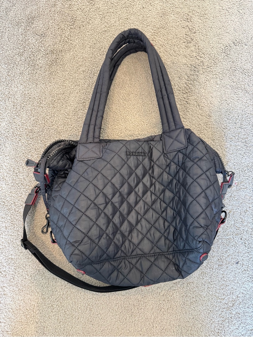 MZ Wallace Quilted small Black Nylon Tote with Red Trim